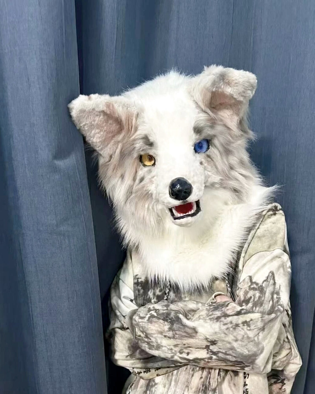 Realistic Border Collie Fursuit Head - Lilac Merle Odd Eyes product photo 3