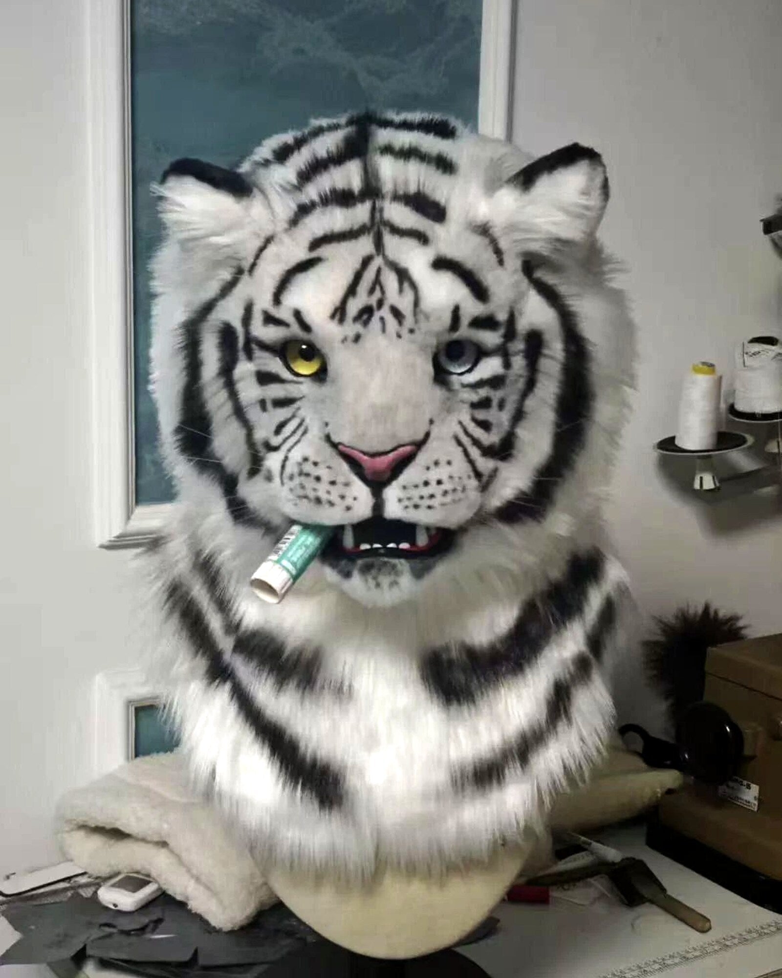 Realistic White Tiger Fursuit Head - Moving Jaw - Heterochromia product photo 4
