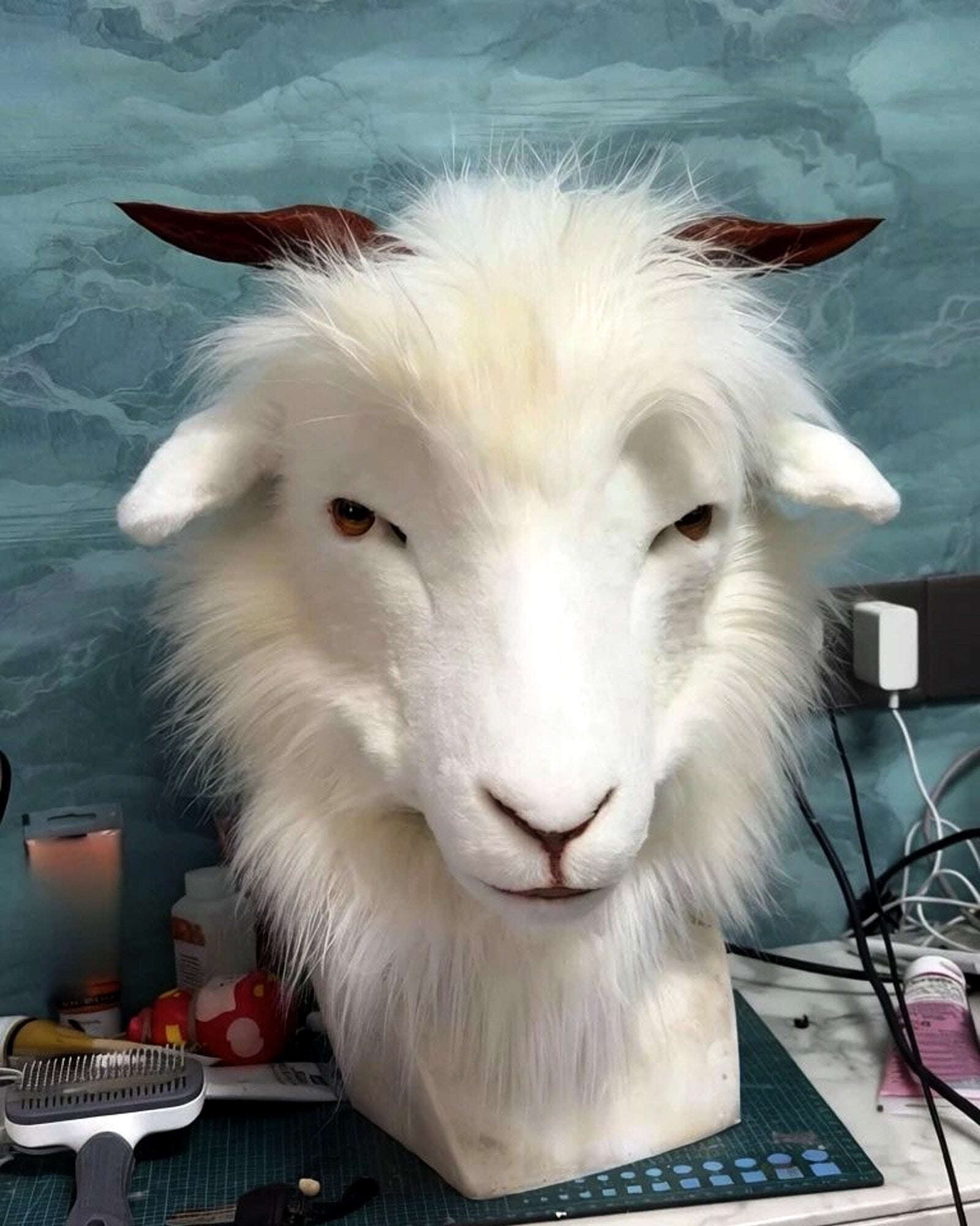 Realistic White Goat Fursuit Head - Moving Jaw - Detachable Horns product photo 1