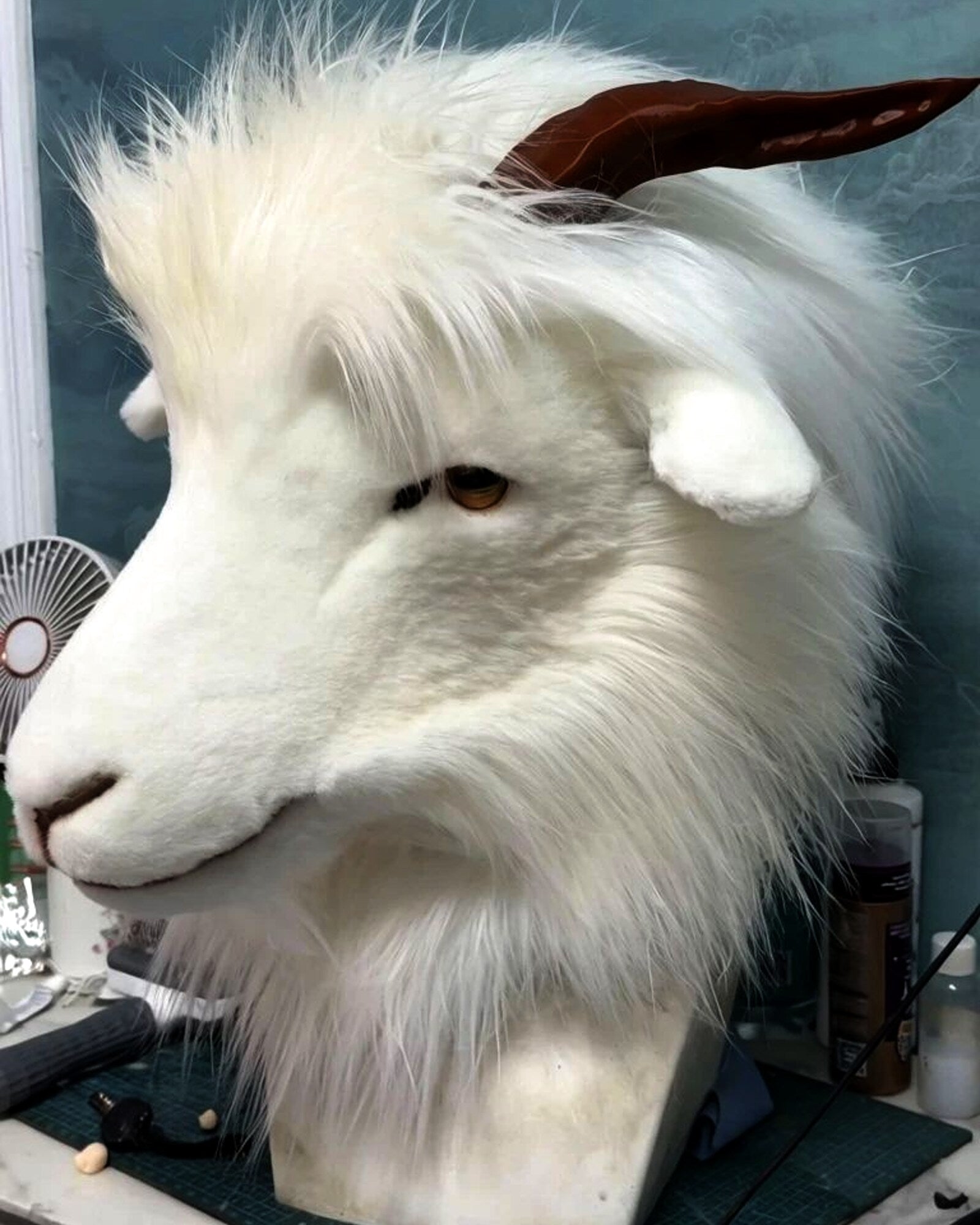 Realistic White Goat Fursuit Head - Moving Jaw - Detachable Horns product photo 5